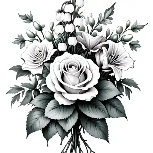 rose, Lily of the valley, hawthorn, and honeysuckle bouquet  tattoo design idea