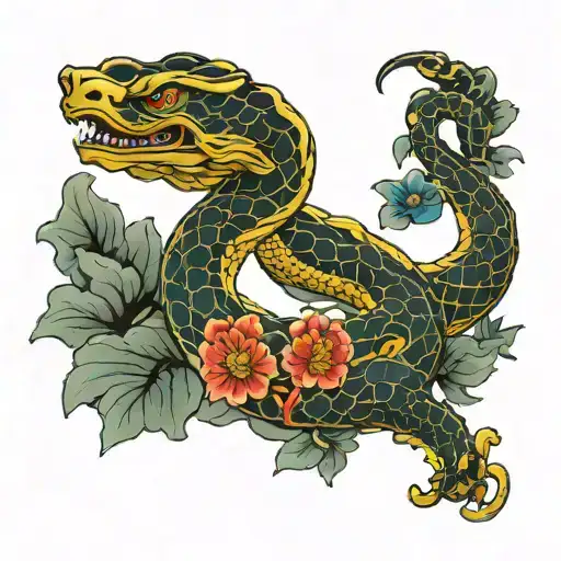 Armoured Snake protecting precious metals   tattoo design idea