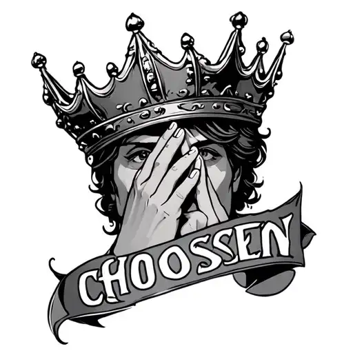 the neck tattoo the word chosen with a 5-point crown the hanging and praying hands on the side tattoo design idea
