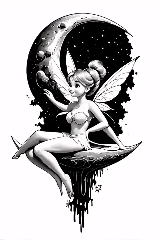 tinkerbell sitting on moon tattoo design idea