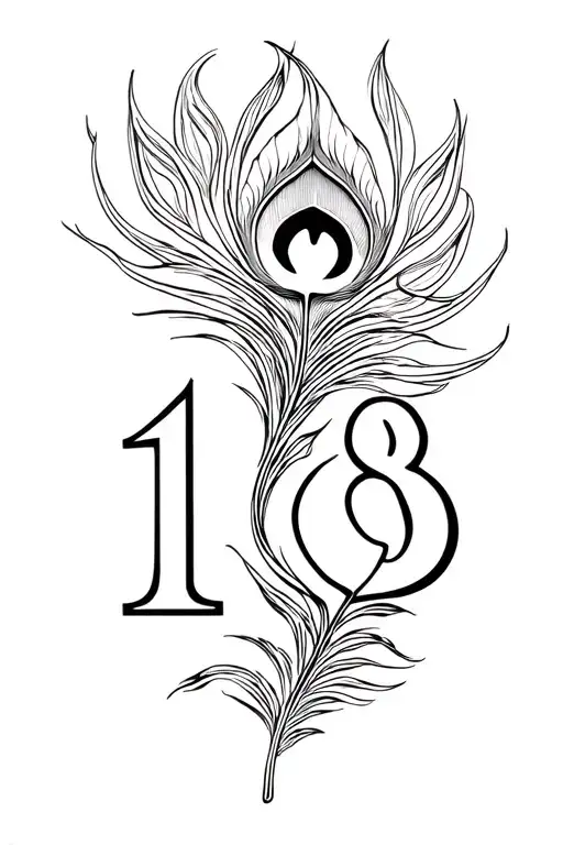 number 18  which should have a peacock feather to flute, thrishool of lord shiva and a dog paw and one piece anime tattoo design idea