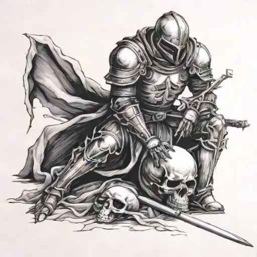 headless knight on his knees with a skull in his hand with a shadow watching him tattoo design idea