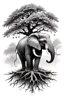 an elephant in a tree form, with cherry branches extending from the roots downwards tattoo design idea