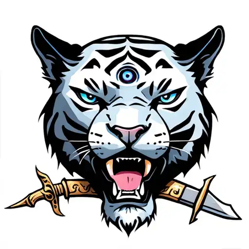 panther head with a 3rd eye and a dagger going through its head tattoo design idea