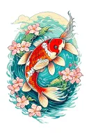 koi fish swimming upstream+cherry blossoms+dragon+Japanese clouds tattoo design idea