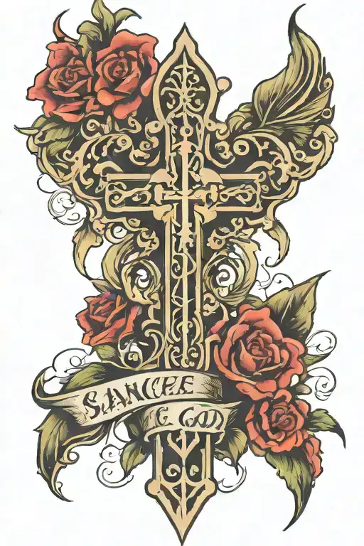 Lettering Sanchez cross of god and some shading medium size tattoo design idea