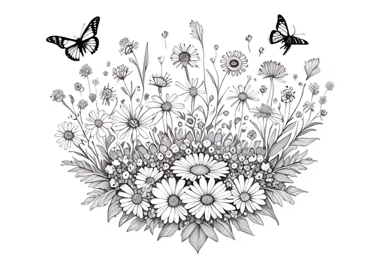 Mandala with wildflowers, daisies, cosmos, butterflies, and bees tattoo design idea