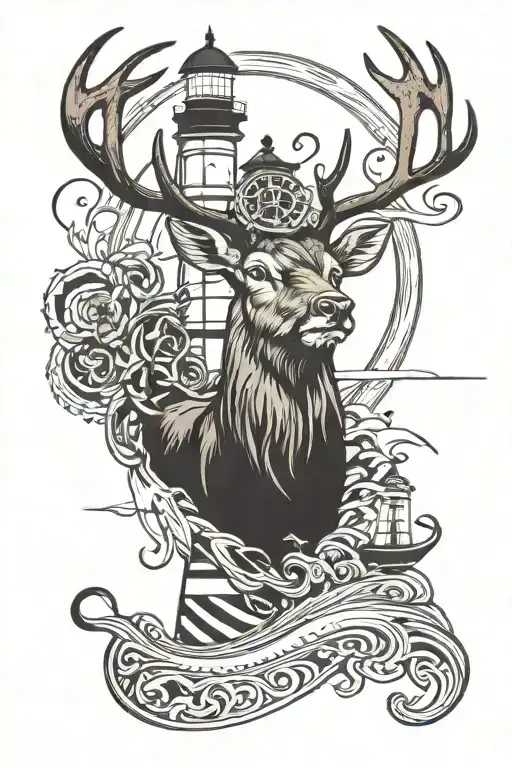lighthouse background with an anchor underneath. a stag head in front of lighthouse  tattoo design idea
