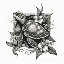 sea turtle with a willow tree coming out of its shell and hibiscus flowers in the tree  tattoo design idea
