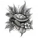 sea turtle with a willow tree coming out of its shell and hibiscus flowers in the tree  tattoo design idea