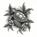 sea turtle with a willow tree coming out of its shell and hibiscus flowers in the tree  tattoo design idea