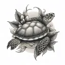 sea turtle with a willow tree coming out of its shell and hibiscus flowers in the tree  tattoo design idea