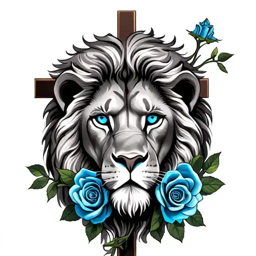 lion with blue eyes and roses with holy cross tattoo design idea