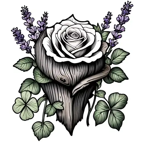 Wooden achor with rose and lavender growing around it with a four leaf clover tattoo design idea