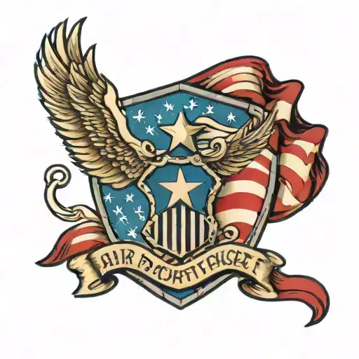 shoulder tattoo of Air Force firefighter badge, American flag tattoo design idea