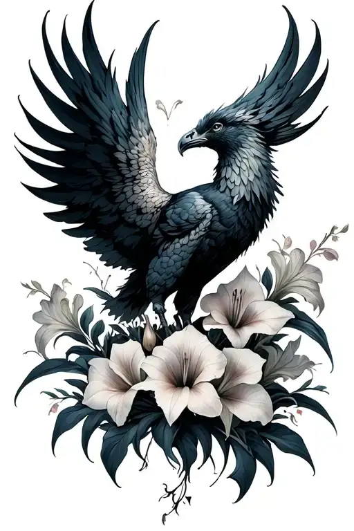 Phoenix rising from gladiolus flowers tattoo design idea