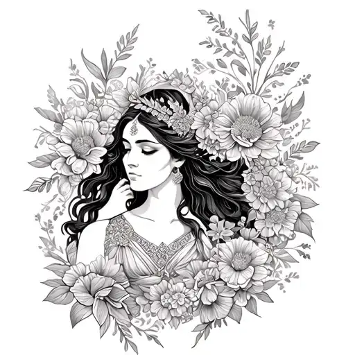 create a detailed transparent stencil outline of a feminine tattoo that depicts a goddess surrounded by flowers and feat tattoo design idea