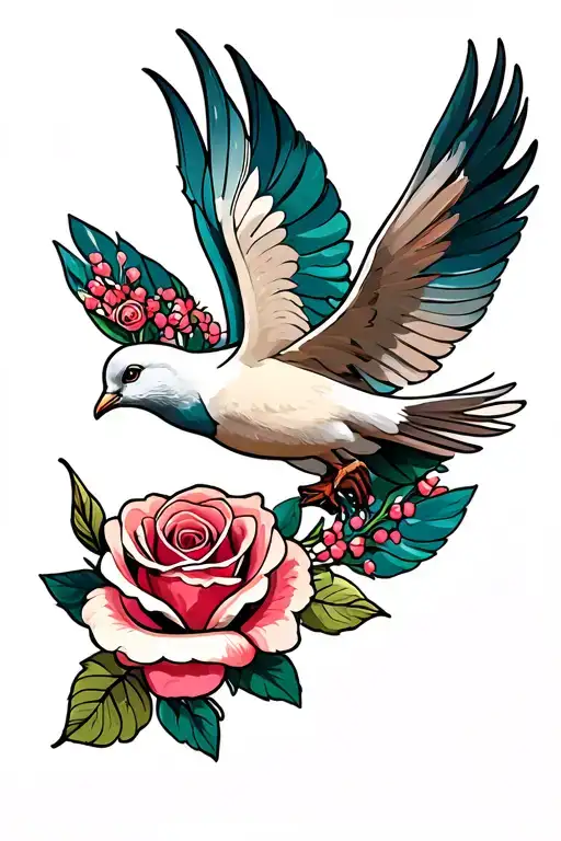 Rose feather and a dove flying tattoo design idea