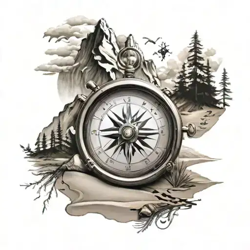 mountains and beach with compass tattoo design idea