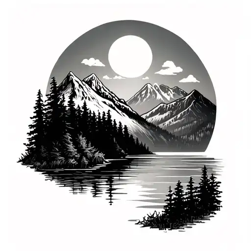 mountains, shining sun, trees, and lake scene tattoo design idea