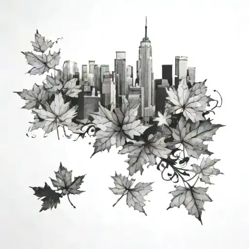 Nyc Skyline with maple leaves tattoo design idea