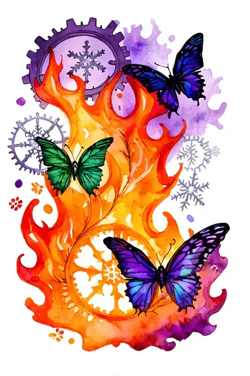 Sleeve of green vines, steel cogwheels, silvery snowflakes, orange pawprints, red flames, lilac butterflies, black wisps tattoo design idea