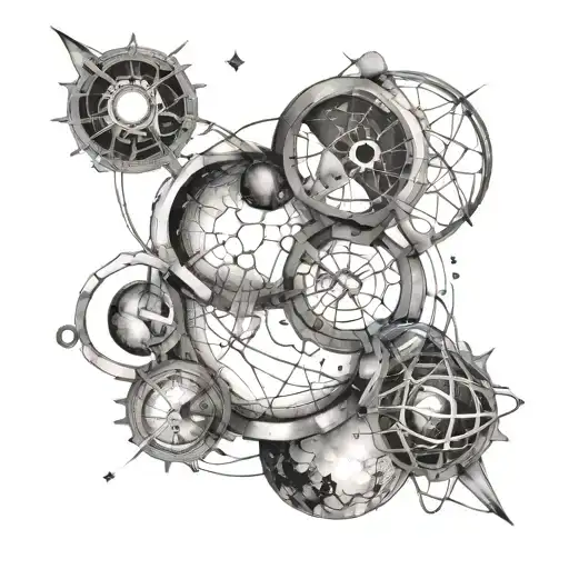 Quantum mechanics equations intertwined with cosmic nebulae tattoo design idea