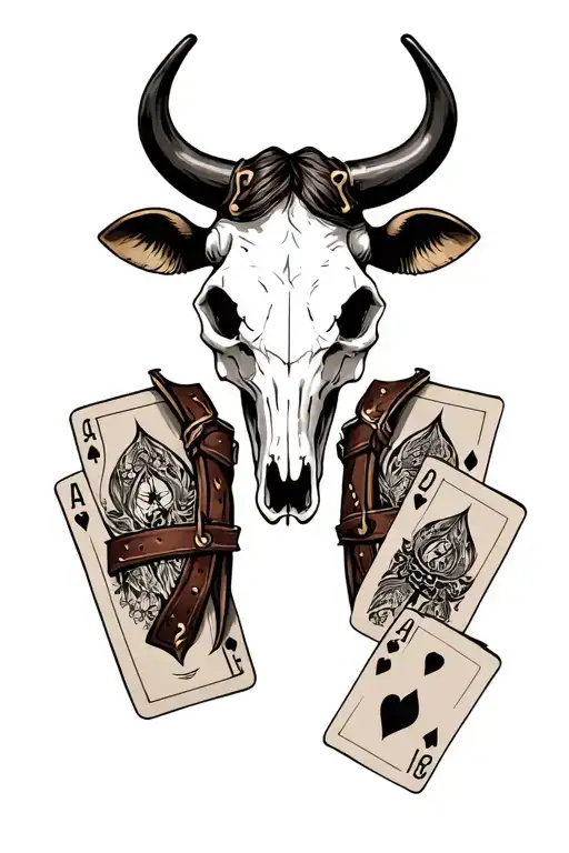 half sleeve cow skull with leather work and cards  tattoo design idea