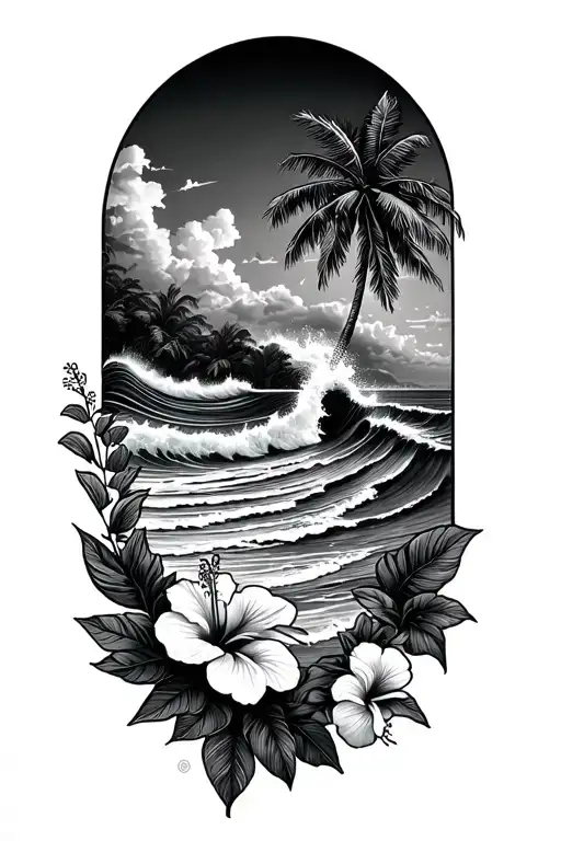 ocean waves crashing on beach with palm on the left and hibiscus vine on bottom right tattoo design idea
