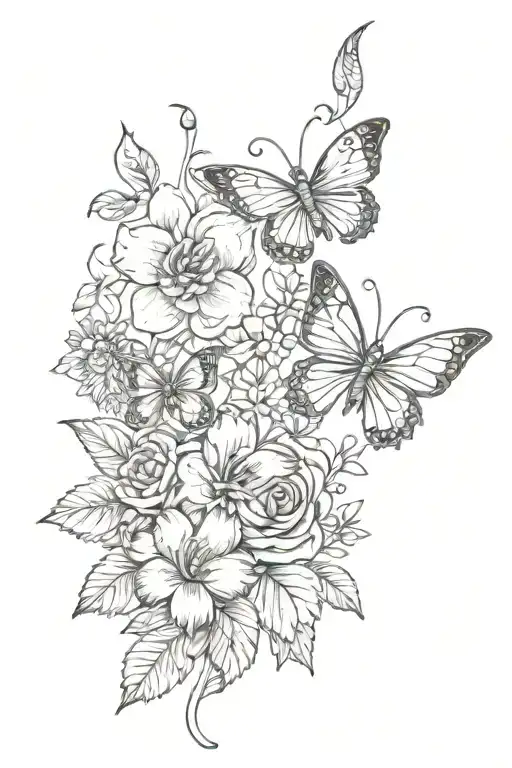 unique flowers with butterflies and nail tech tattoo design idea