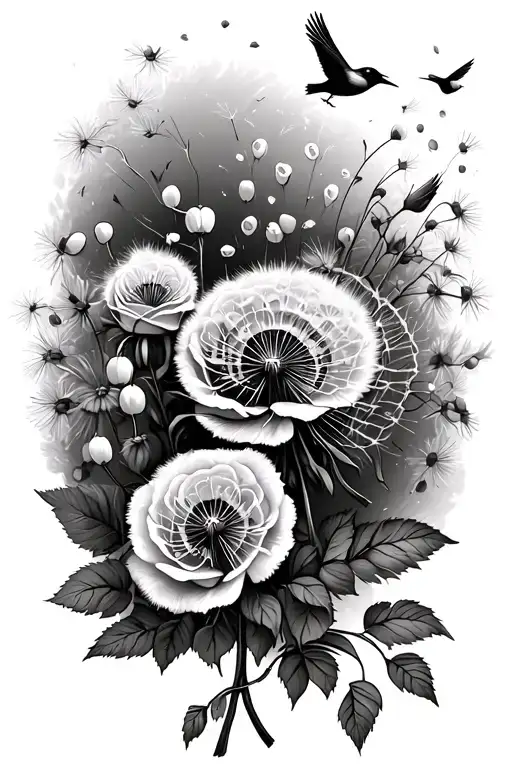blowing dandelion with roses and lily of the valley flowers.  dandelion pieces blowing in wind turn into small birds.  tattoo design idea
