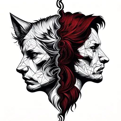 woolf head split into two personalities good vs bad, create logo emblm tattoo design idea