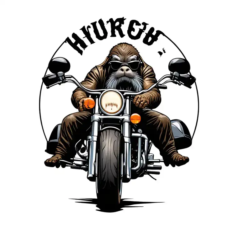 male walrus full body wearing riding leathers and sunglasses with a grey goatee riding a harley ultra limited tattoo design idea