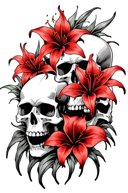 4 skulls facing diagonally with 3 red spider lilly flowers intertwined tattoo design idea