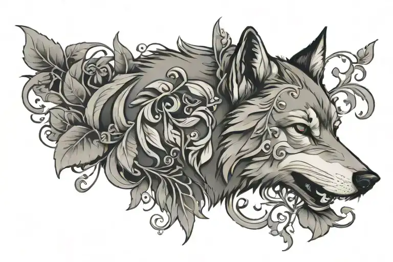 wolf head with vine background black grey tattoo tattoo design idea