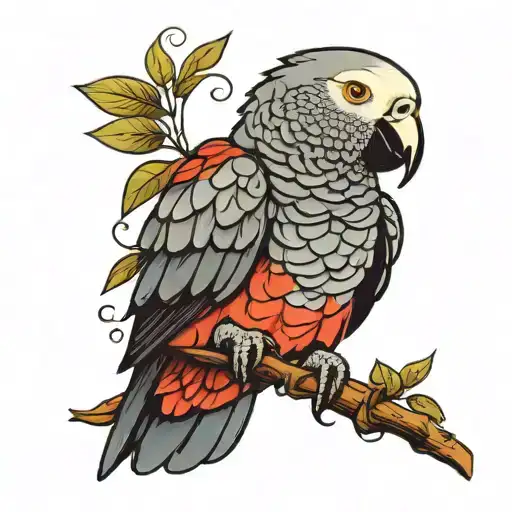 african grey parrot perched tattoo design idea