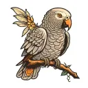 african grey parrot perched tattoo design idea