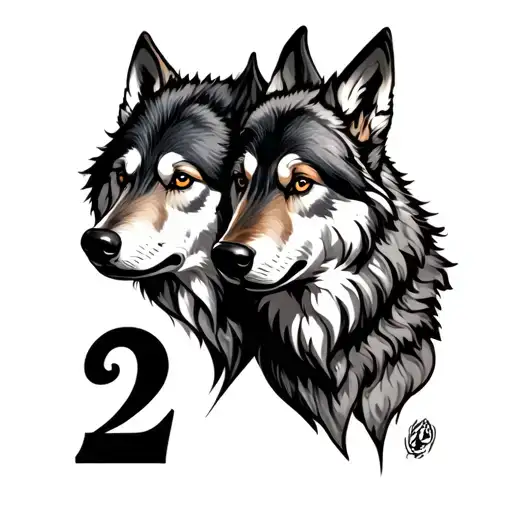2 heads of wolves and number 2 tattoo design idea