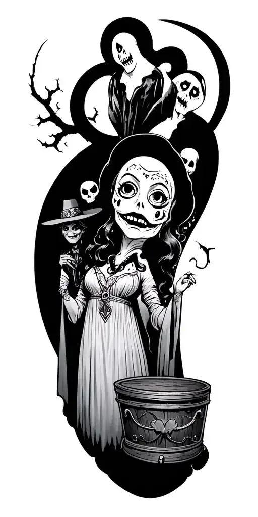 Disney World Haunted Mansion themed tattoo with madame leota, the hitchhiking ghost, the caretaker and hatbox ghost tattoo design idea