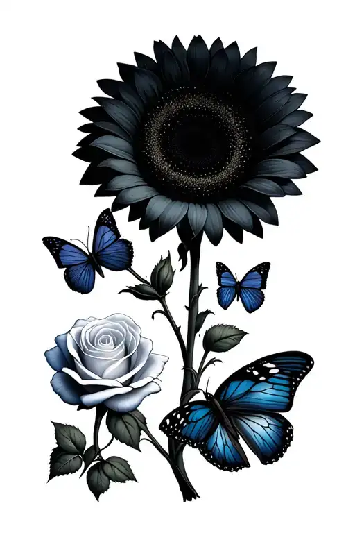 one bluebell flower, one white rose, one sunflower, three butterflies tattoo design idea