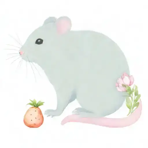 a white rat with gray spots,pink tail,with big ears.A rat eats a carrot.The rat is surrounded by flowers.The rat is cute tattoo design idea