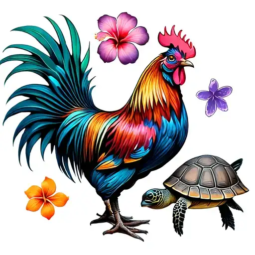 rooster, blue fish, pig, turtle, pink hibiscus, violet tropical flower, orange tropical flower tattoo design idea