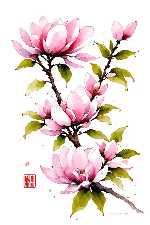 A Japanese-inspired illustration featuring a delicate branch adorned with vertically arranged soft pink magnolia blossom tattoo design idea