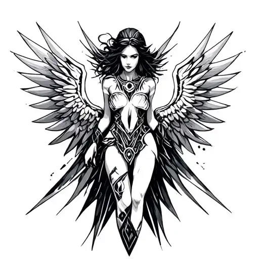 valkyrie floating horizontally wings spread looking down tattoo design idea