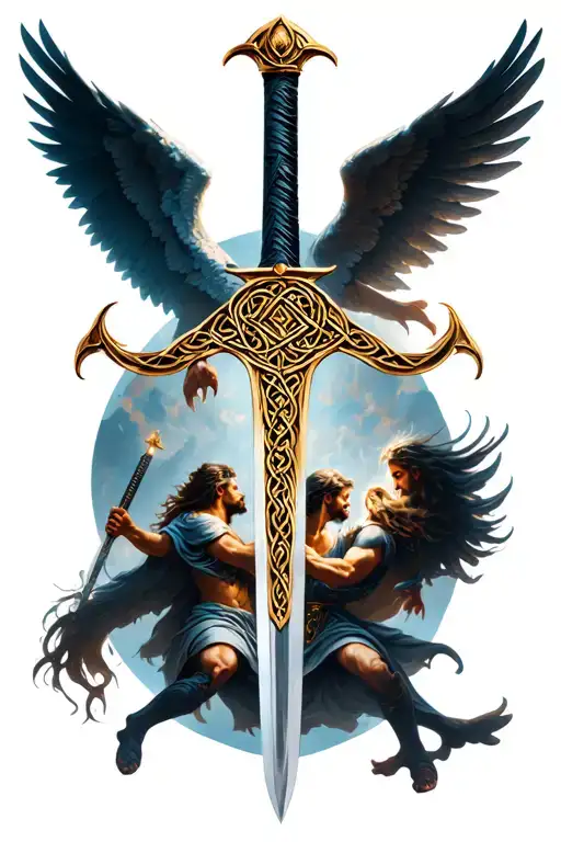 celtic sword with background with angels fighting demons tattoo design idea