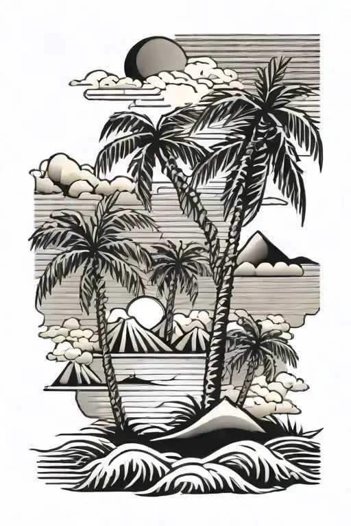 sun, beach, palm trees, clouds, mountains, stripes, mandarin style tattoo design idea