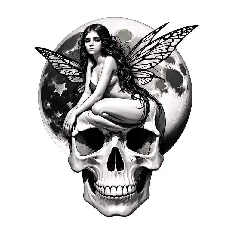 fairy sitting on a skull with moon backdrop tattoo design idea
