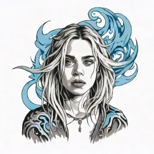 A tattoo design featuring a black and grey portrait of Billie Eilish surrounded by blue flames, with musical notes intertwined in the background tattoo design idea
