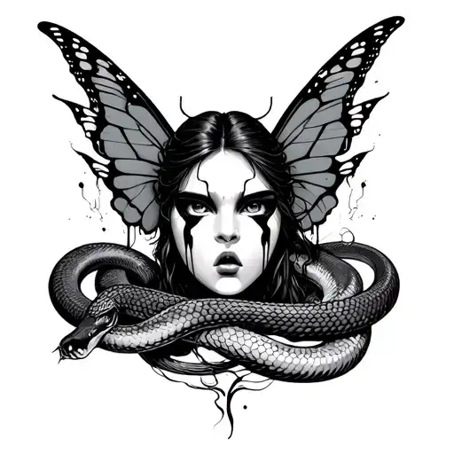 butterfly wings, snakes intertwined, crying face behind mask tattoo design idea