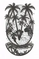 A palm tree silhouette on a globe, with a compass pointing towards Miami, symbolizing the traveler's love for exploring new places tattoo design idea